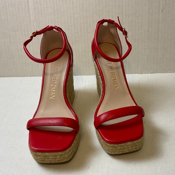 Stuart Weitzman Wedge Sandals US 7.5 Red Woven Platform Heel - Picture 2 of 8
